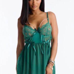 💲NWT Sheer Lace rhinestone Babydoll Nightdress - Emerald Green